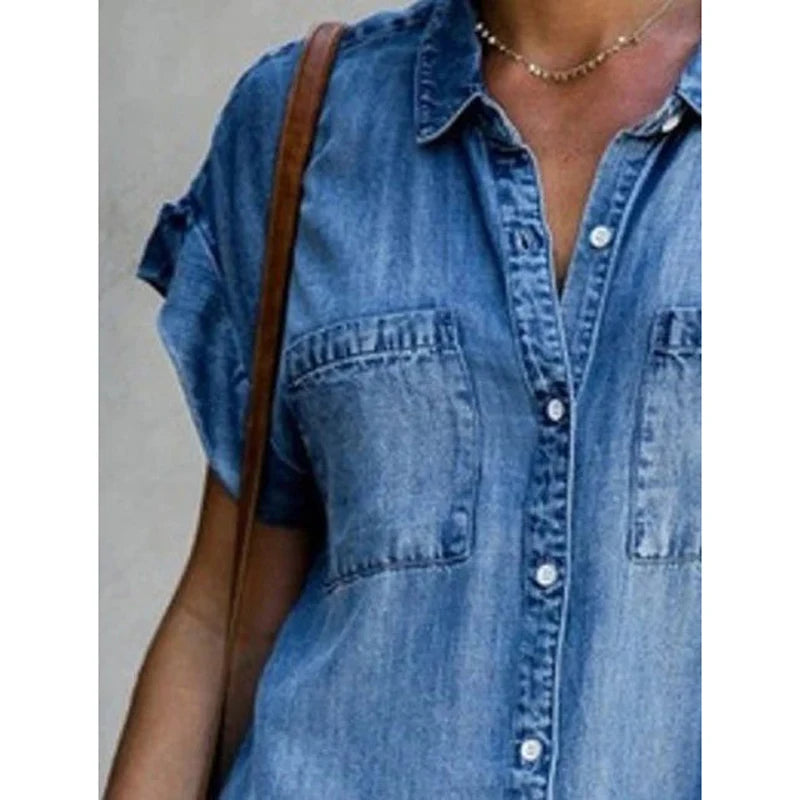 Women’s Casual Denim Shirt Dress – Summer Loose Fit Button-Down Dress with Pockets