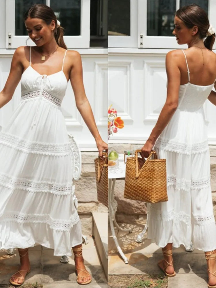 Boho Spaghetti Strap White Dress – Women’s Summer Beach Party