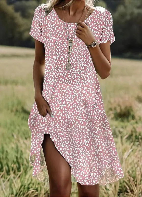 Bohemian Floral Print Dress for Women – Casual Short Sleeve O-Neck Summer Beach Holiday Dress