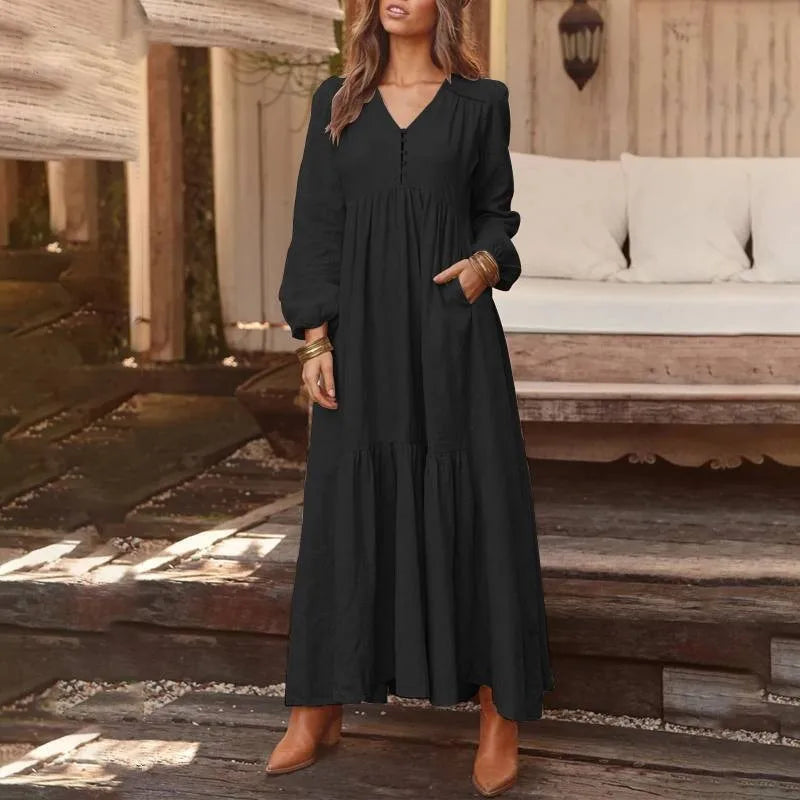Vintage Cotton Linen Maxi Dress – Women’s Casual Long Sleeve V-Neck Dress
