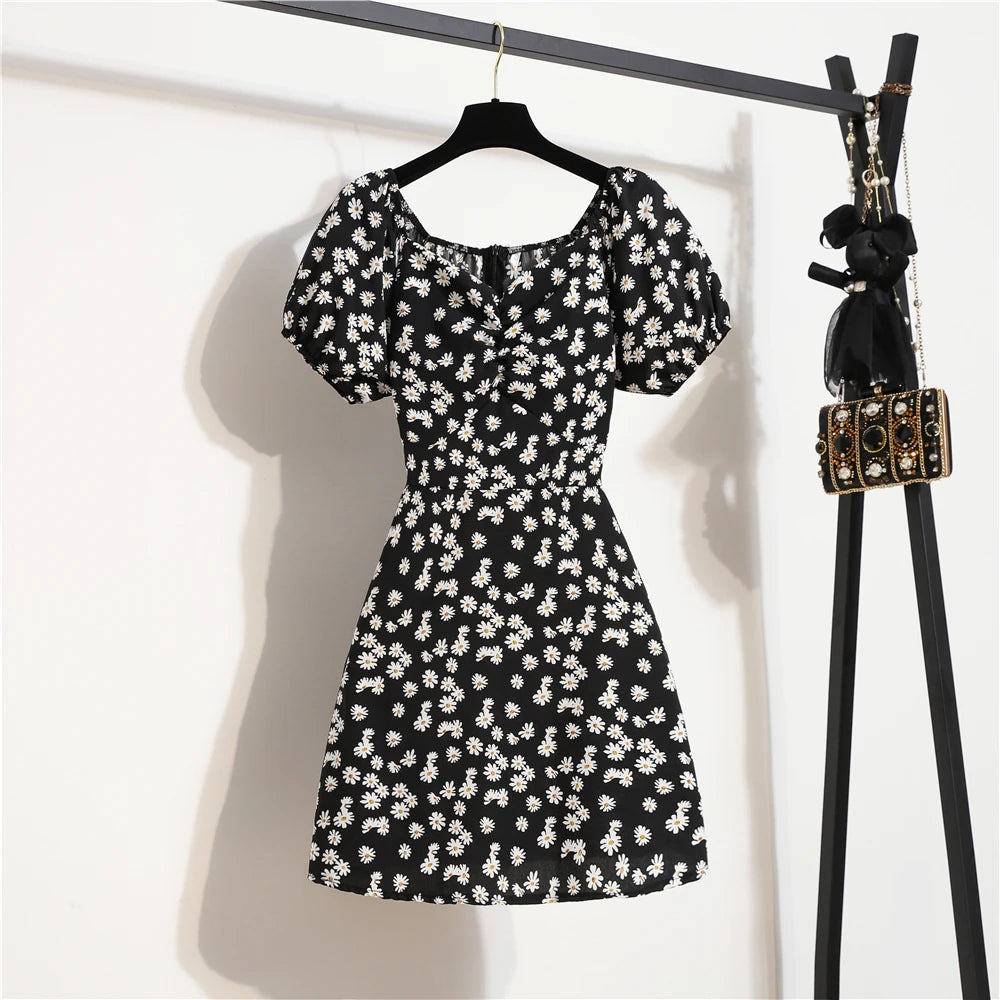 Women’s Summer Mini Dress – Floral Print Chiffon Shirring Pleated Puffy Sleeve Dress