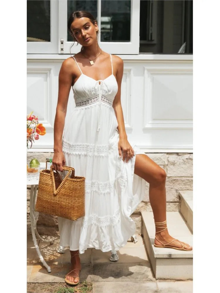 Boho Spaghetti Strap White Dress – Women’s Summer Beach Party