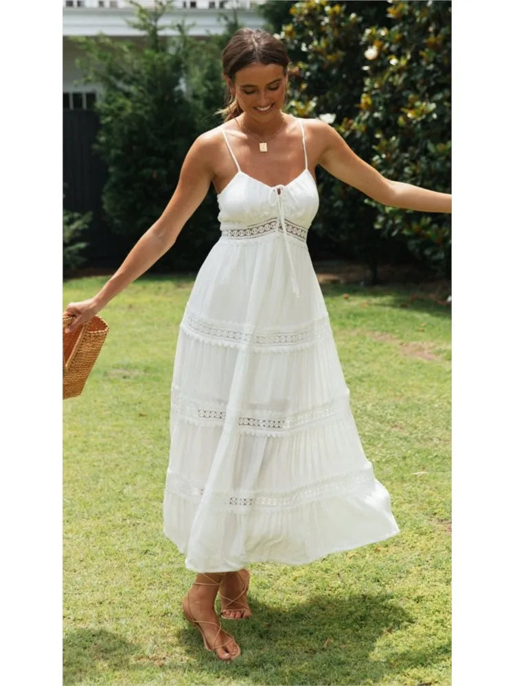 Boho Spaghetti Strap White Dress – Women’s Summer Beach Party
