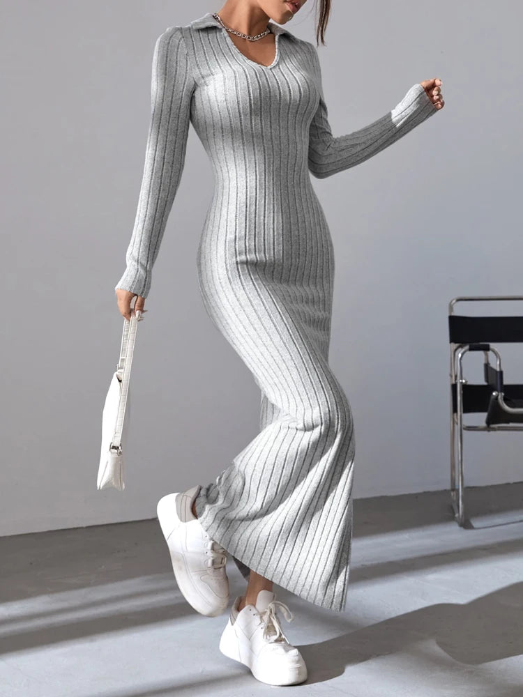 Sexy Knit V-Neck Sweater Dress – Women’s Long Sleeve Slim Fit Split Hem Dress