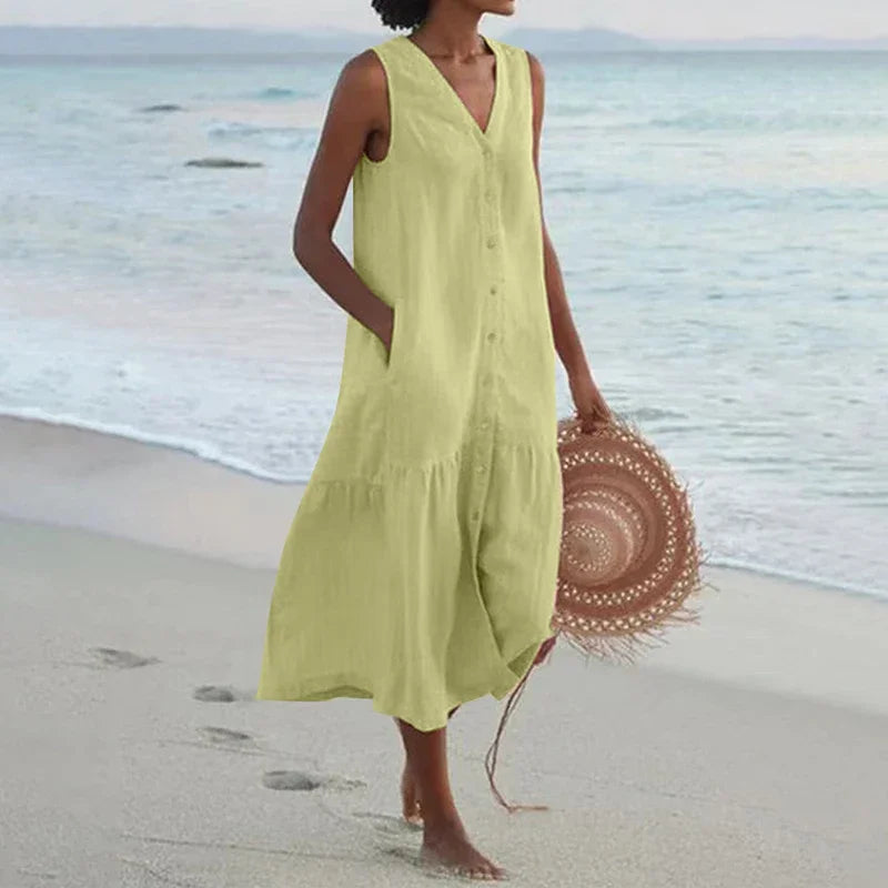 Summer Cotton Linen Patchwork Dress – V-Neck Sleeveless Midi with Pockets