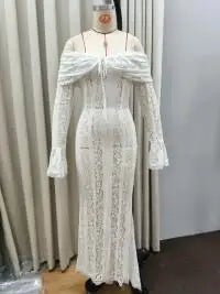 Chic One-Shoulder Lace Long Dress – Women’s Hollow Out Slim Fit Party Dress