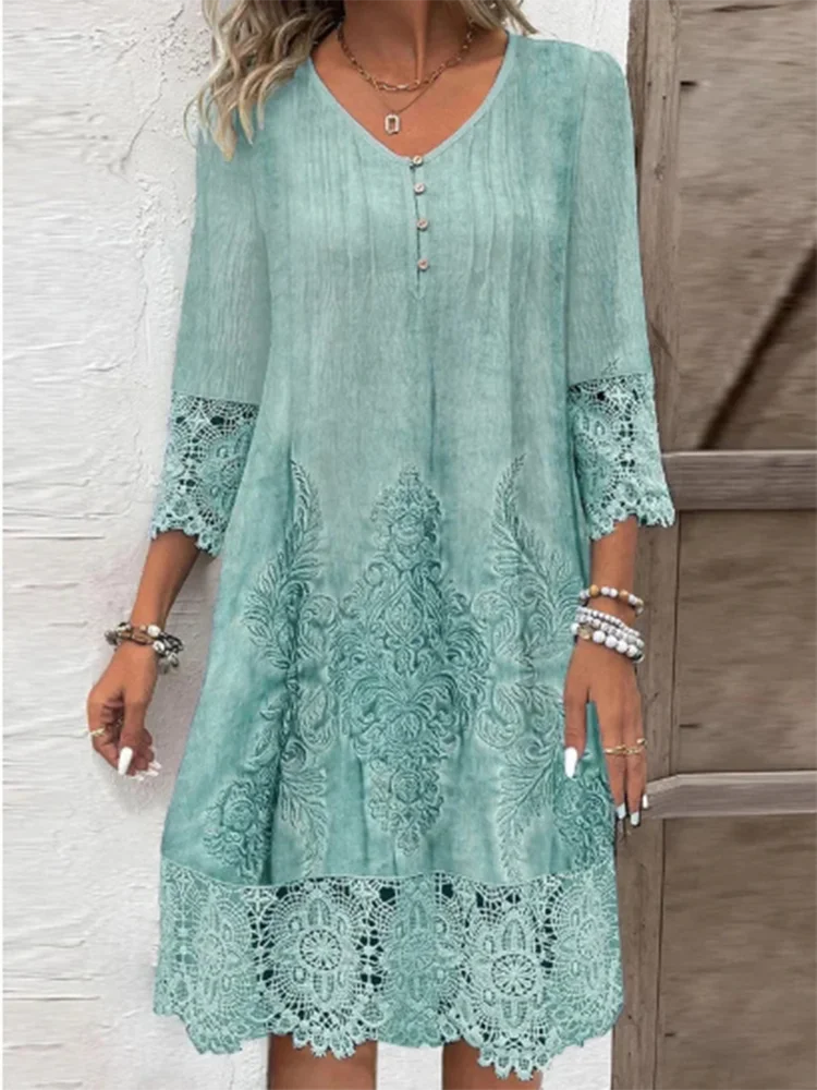 Elegant Lace Print V-Neck Dress – Short Sleeve Button-Front Spring Style