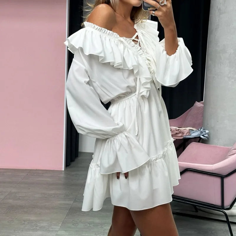 Talenza White Ruffle Bandage Mini Dress – Elegant V-Neck Lace-Up Long Sleeve Dress