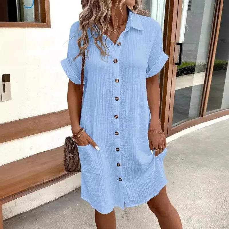 Robe chemise boutonnée d'été en coton et lin pour femme, col en V, avec poches