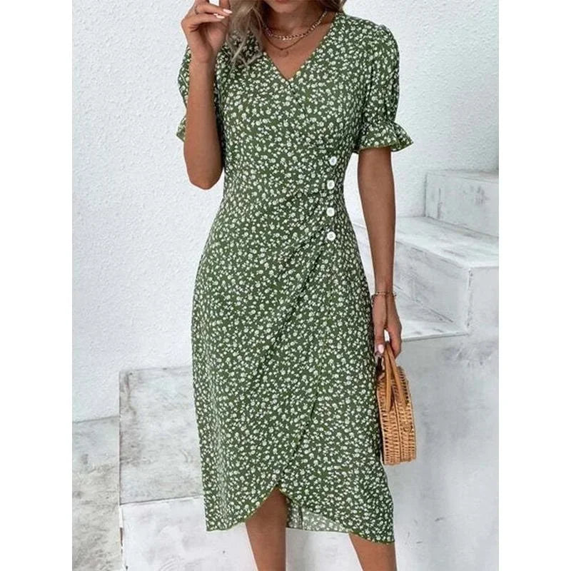 Robe midi plissée à fleurs élégante avec manches bouffantes et taille froncée