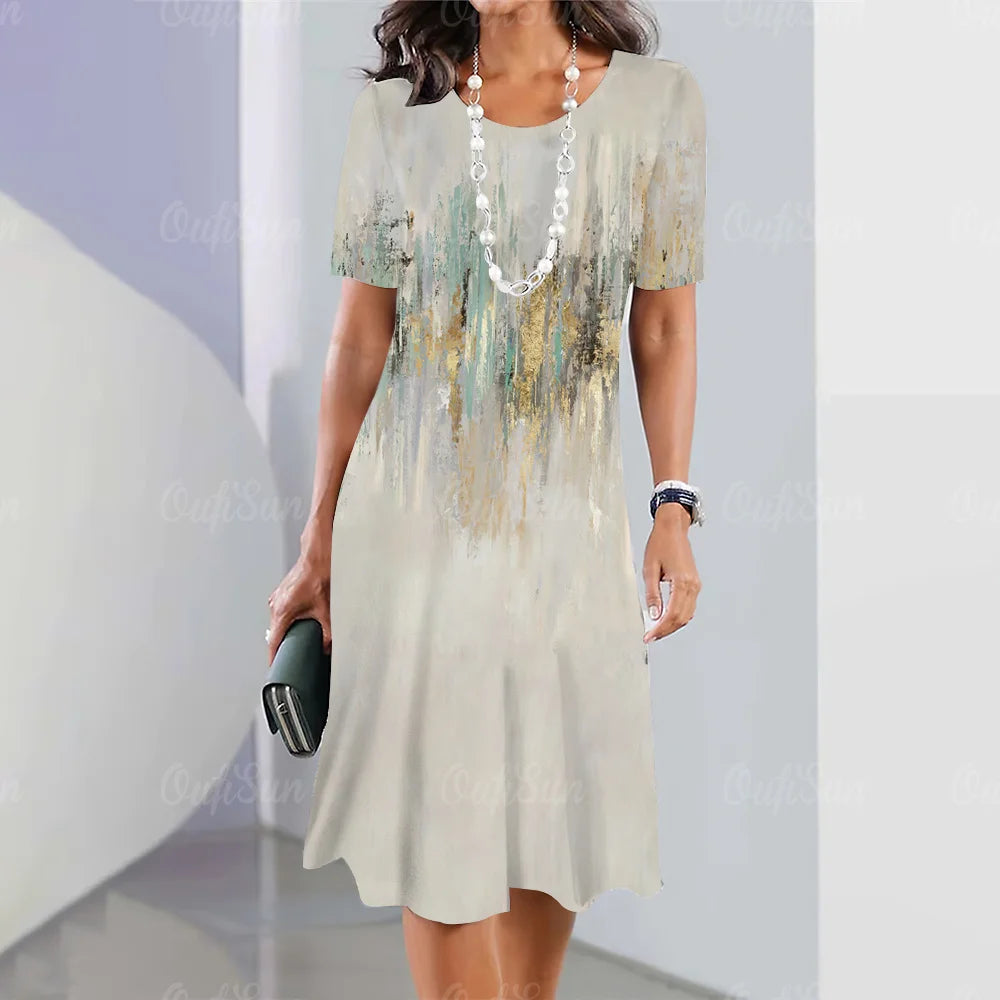 New Women’s Plus Size Midi Dress – Elegant Graphic Print Summer One-Piece
