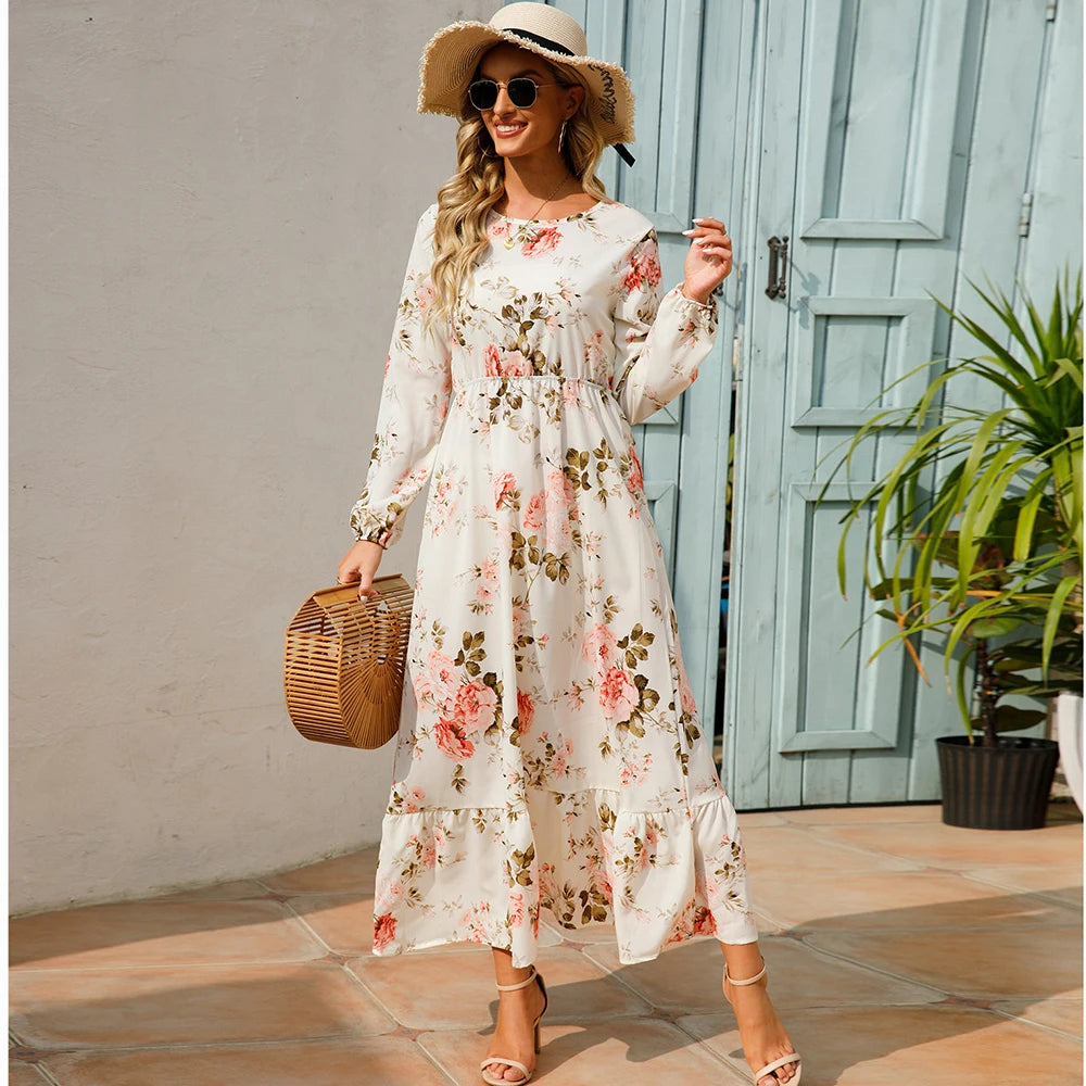 Bohemian Floral Maxi Dress for Women – Spring Summer Casual Long Sleeve Beach Dress