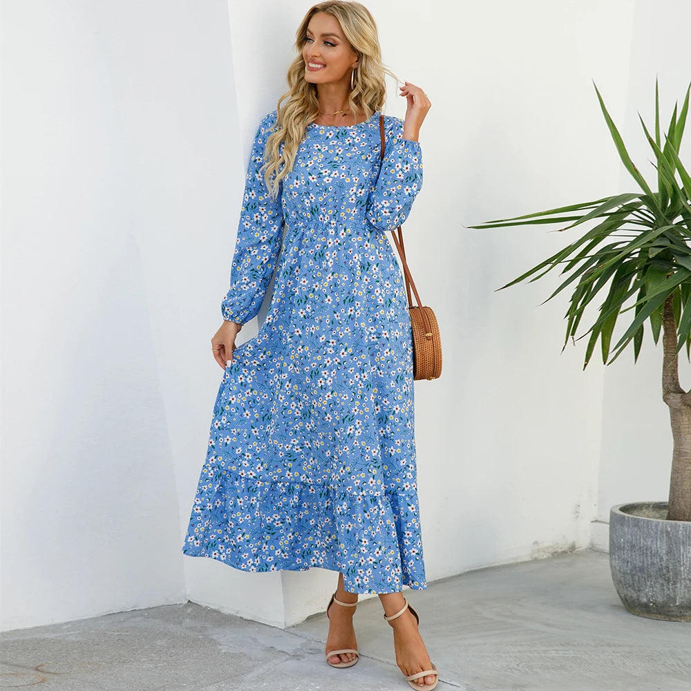 Bohemian Floral Maxi Dress for Women – Spring Summer Casual Long Sleeve Beach Dress