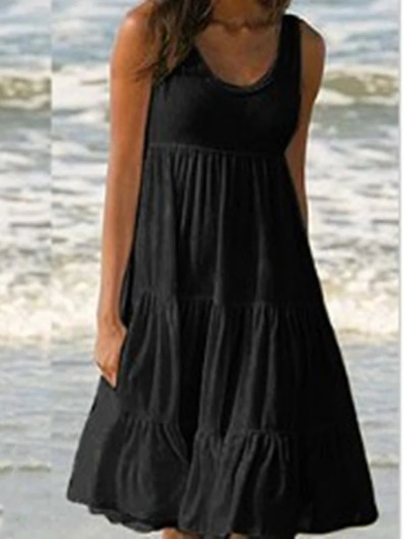 Women’s Casual O-Neck Sleeveless Ruffle Mini Dress – Boho Solid Beach Sundress
