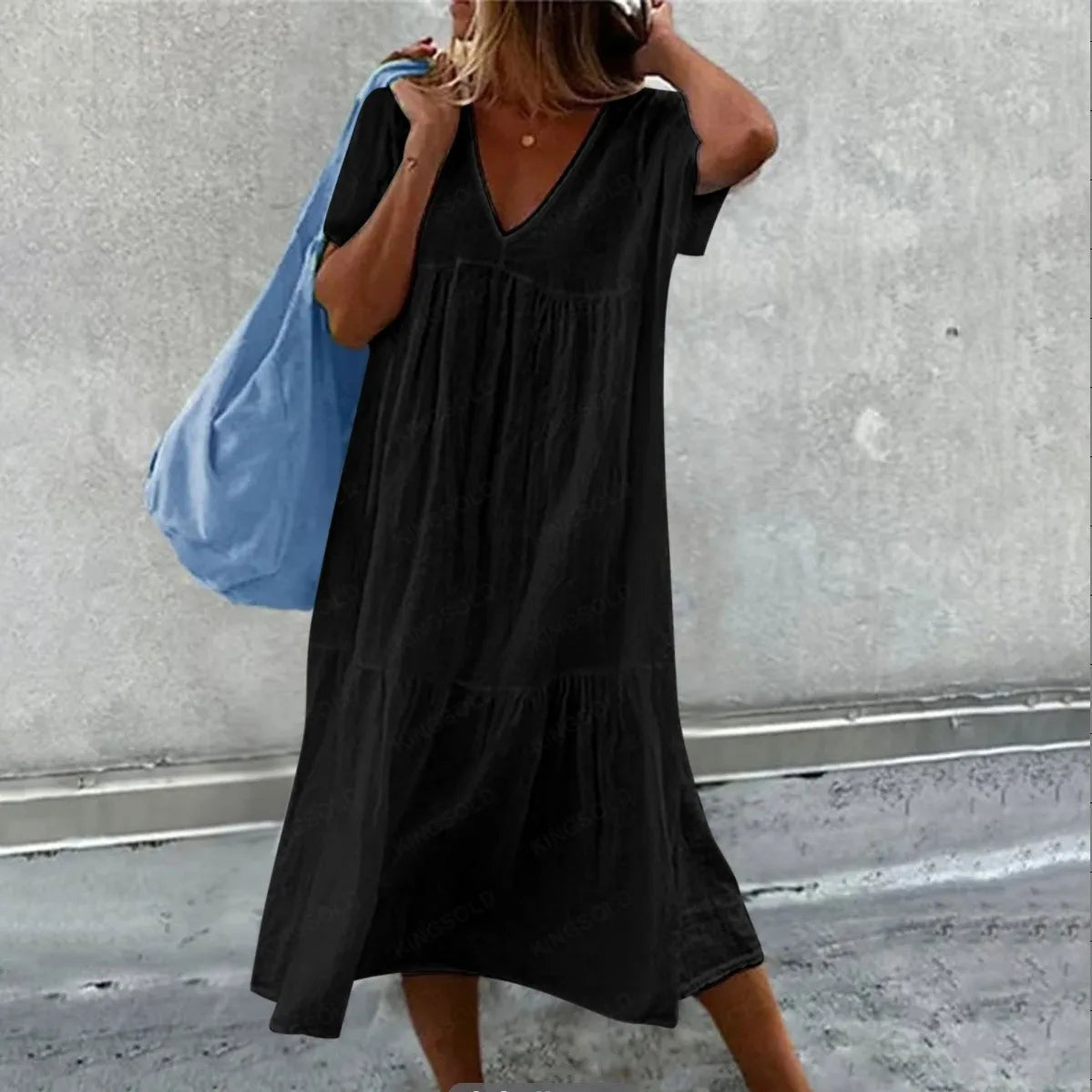 Solid Color Cotton Linen Midi Dress for Women – Casual V-Neck Short Sleeve Loose Fit