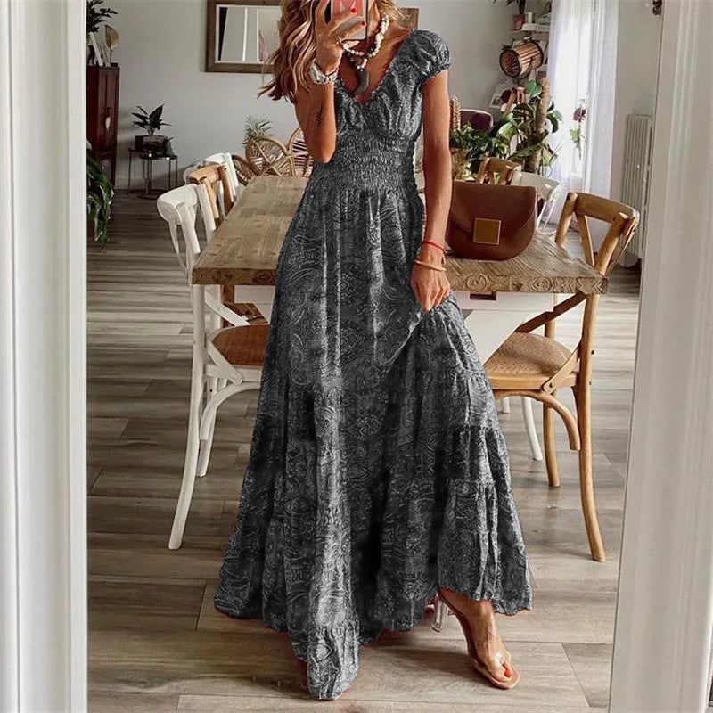 Summer Ethnic Printed A-Line Dress – Floral Petal Sleeves & Waist Detail