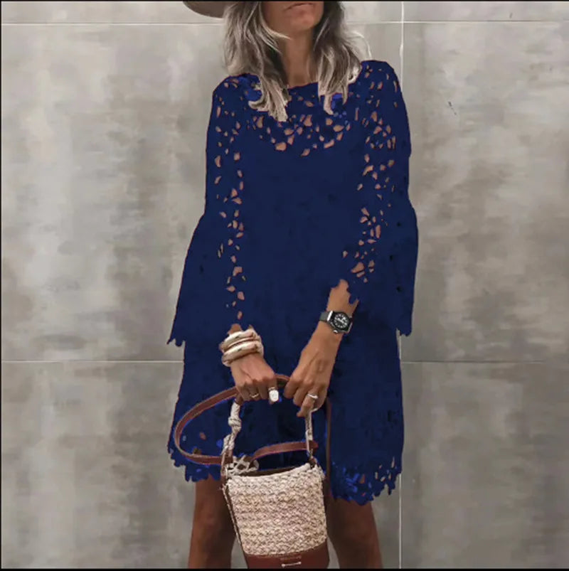 Lace Hollow Floral Dress – Elegant Long Sleeve Knee-Length Autumn Dress