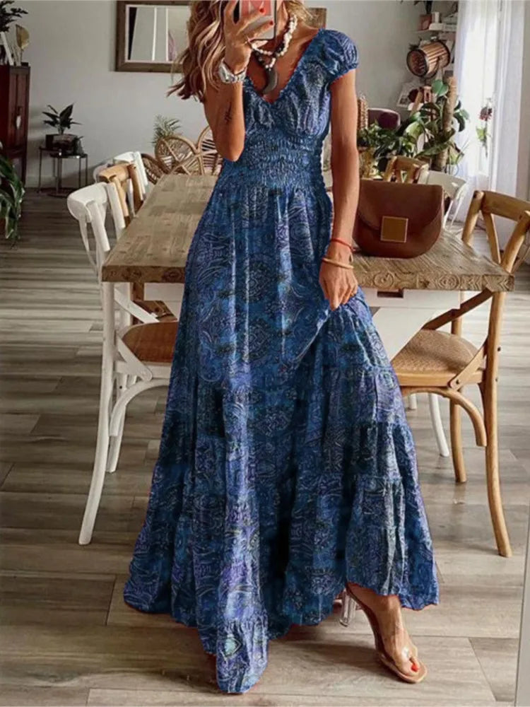 Summer Ethnic Printed A-Line Dress – Floral Petal Sleeves & Waist Detail