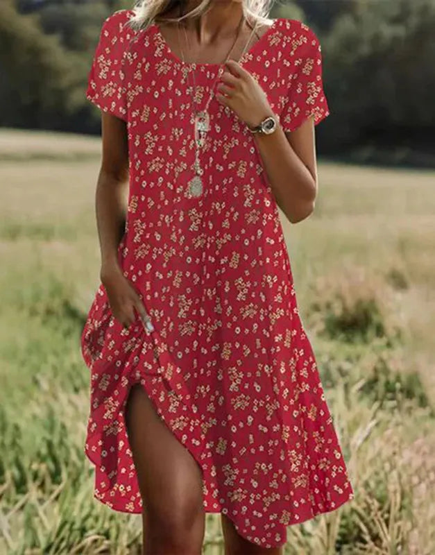 Bohemian Floral Print Dress for Women – Casual Short Sleeve O-Neck Summer Beach Holiday Dress