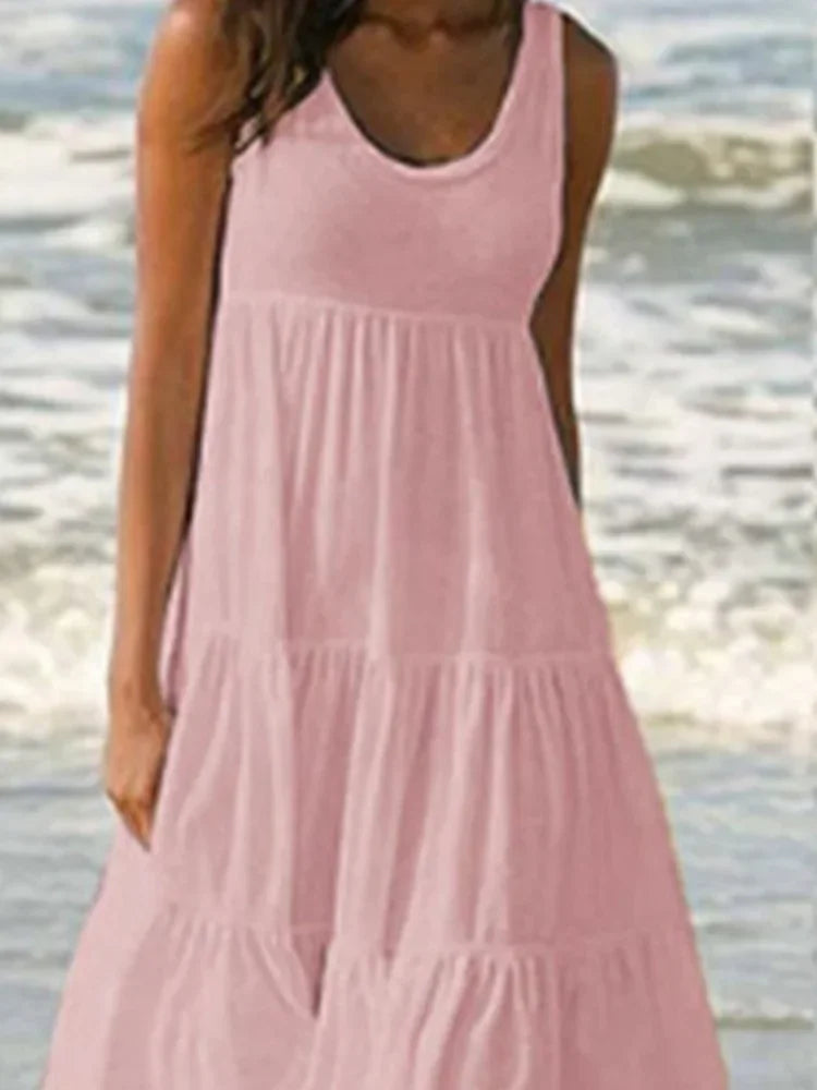 Oversized O-Neck Sleeveless Ruffle Loose Beach Dress – Boho Plus Size Sundress