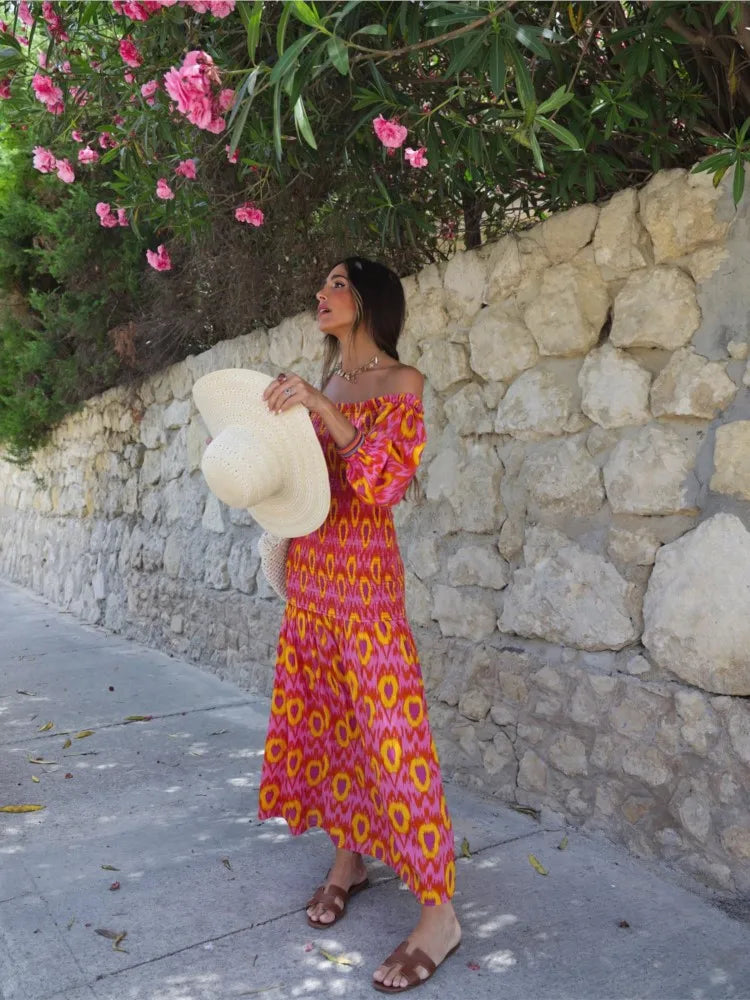 Robe mi-longue plissée à volants et épaules dénudées pour femme, manches bouffantes
