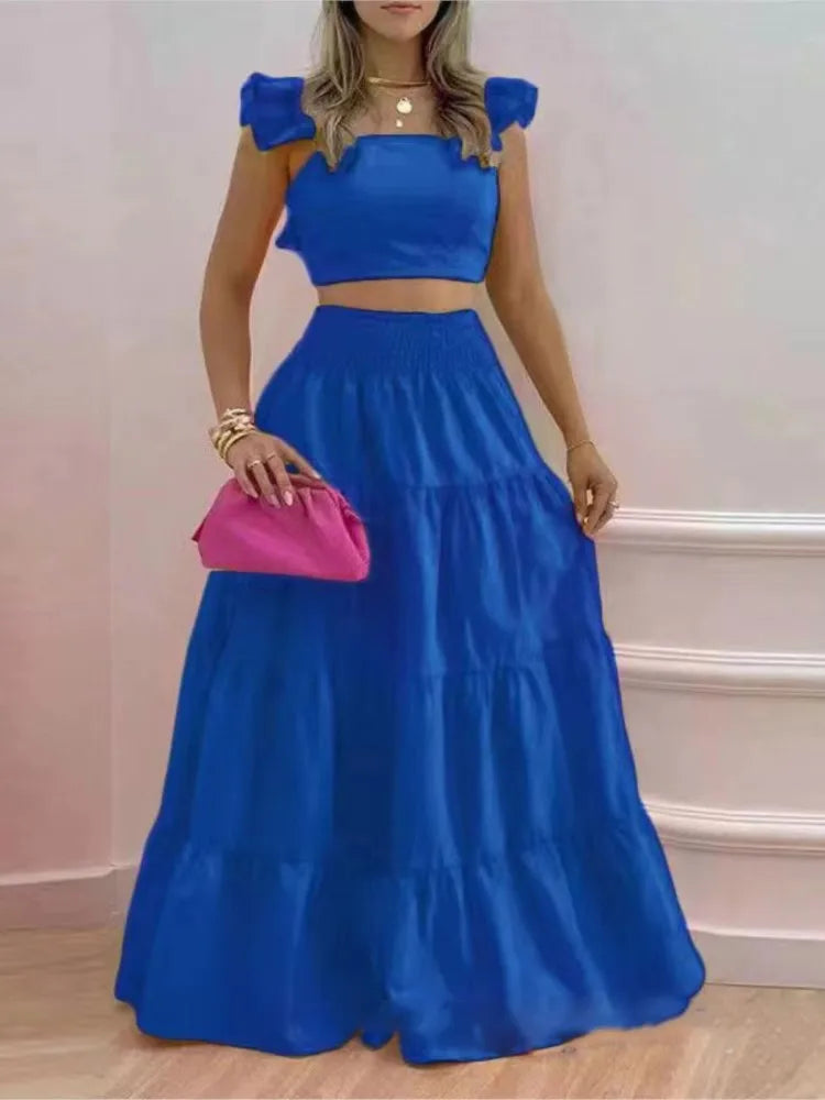 Summer 2-Piece Set – Sexy Solid Maxi Skirt & Loose Top Outfit for Women
