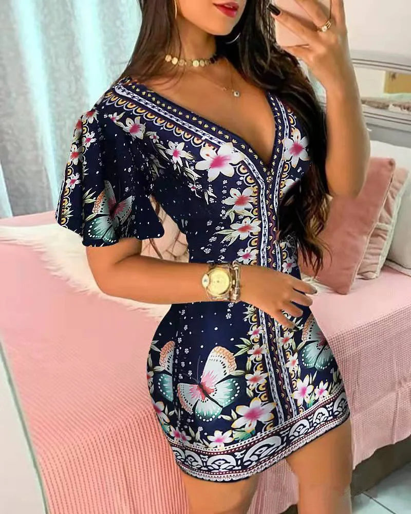 Summer Floral Print Bodycon Mini Dress Women