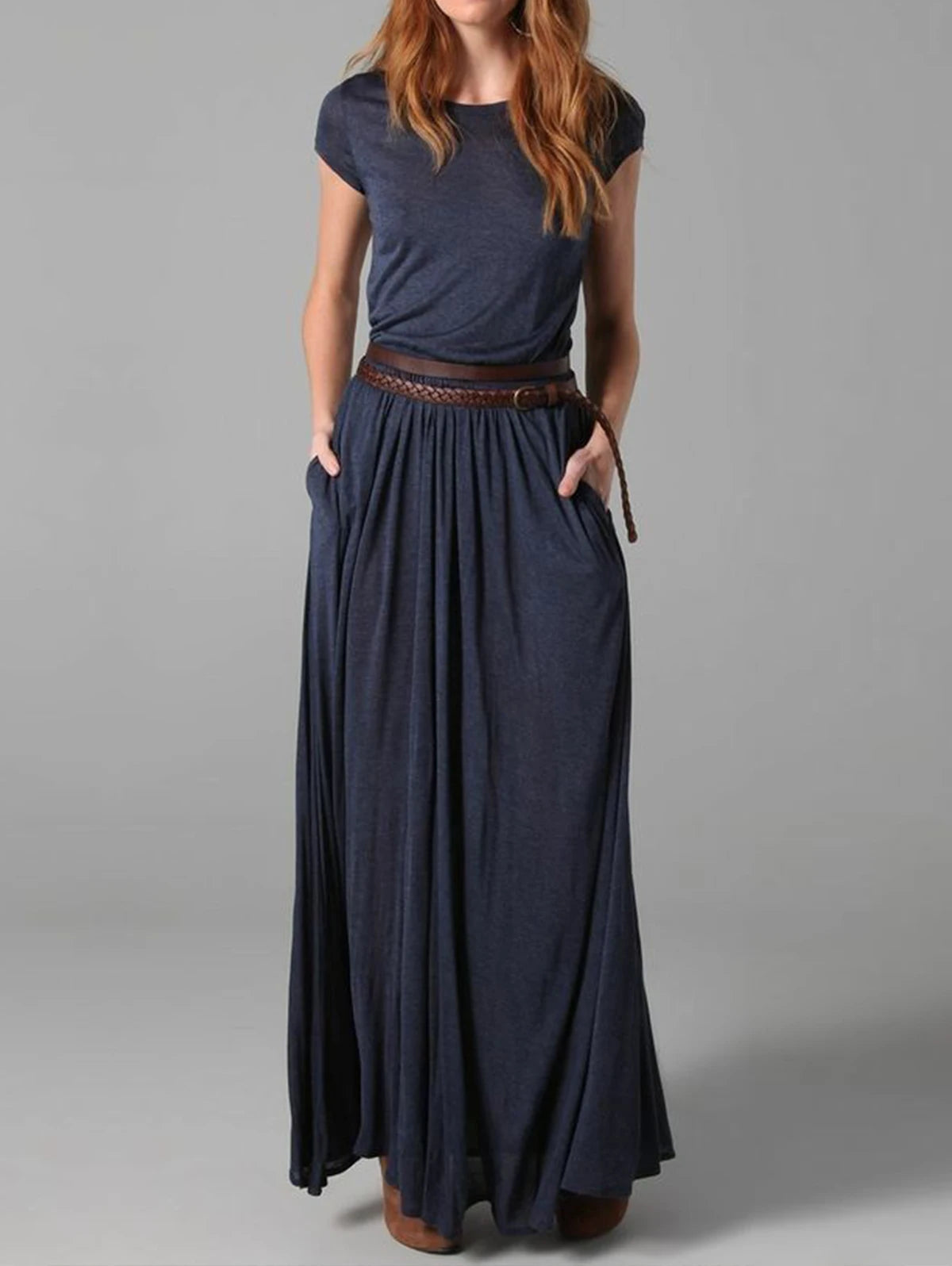 Elegant Solid Color Maxi Dress – Women’s Short Sleeve Crew Neck Dress with Pockets