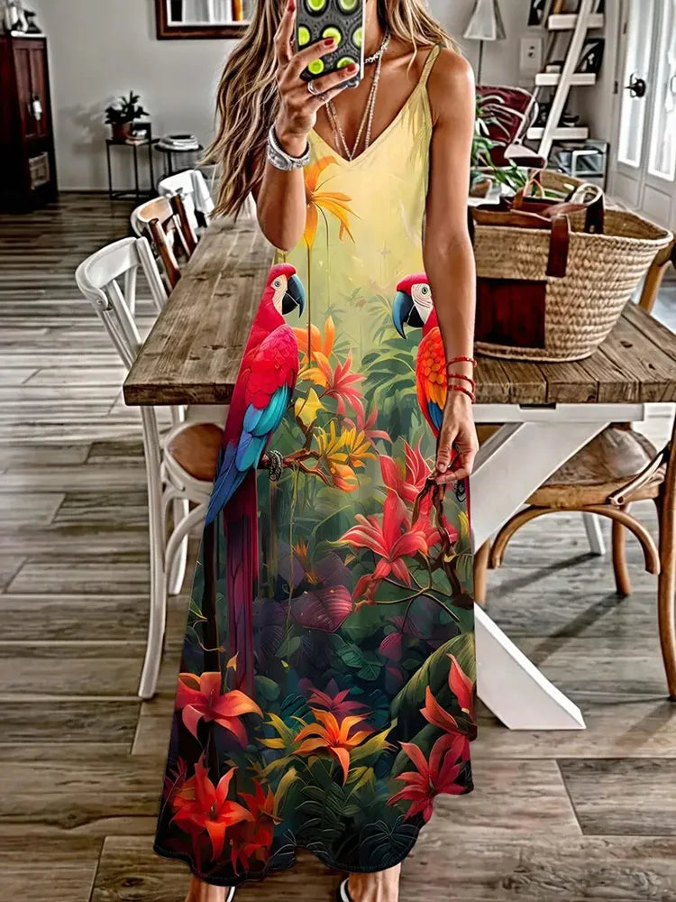 Hawaiian Floral Suspender Dress – Sexy V-Neck Party & Evening Dress