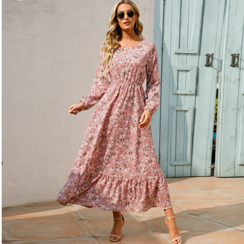 Bohemian Floral Maxi Dress for Women – Spring Summer Casual Long Sleeve Beach Dress