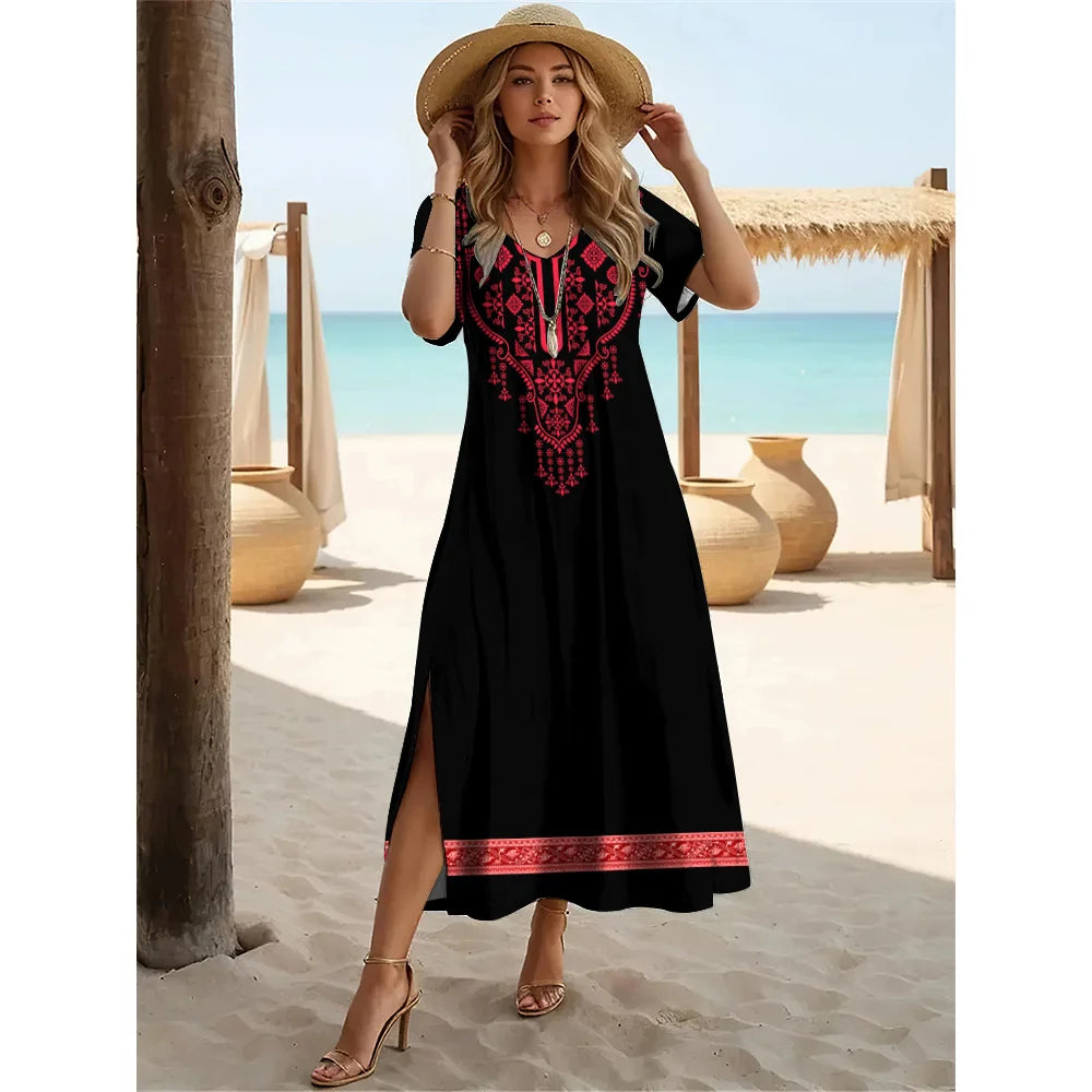 Robe longue fendue style bohème d'été – Robe pull à manches courtes et col en V pour femme