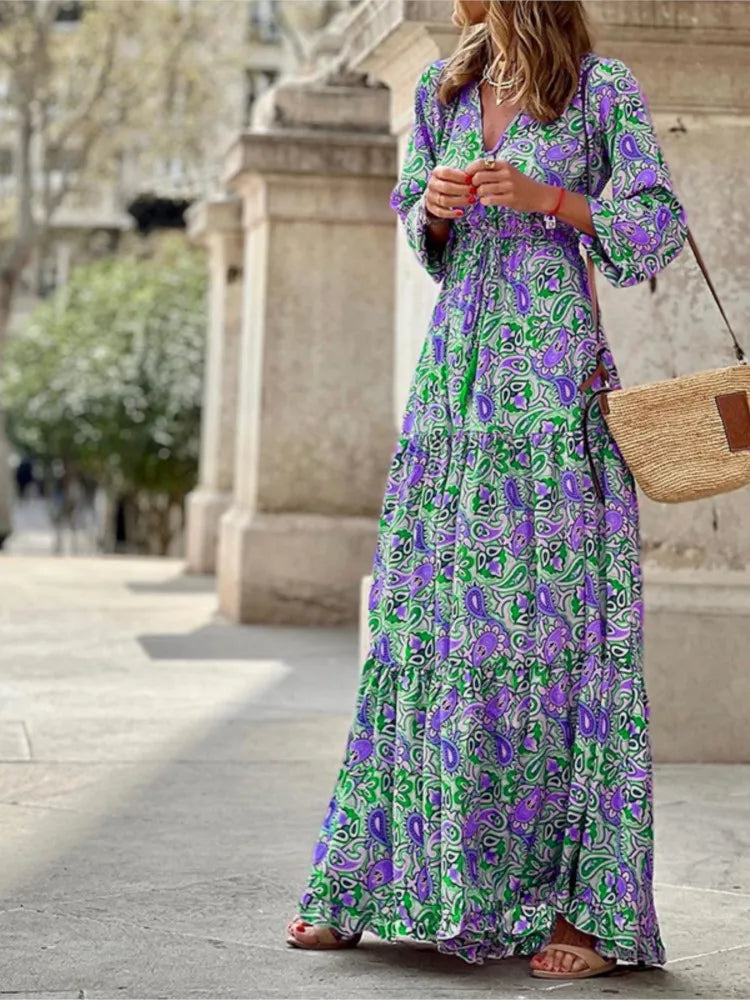 Bohemian V-Neck Tie Waist Maxi Dress – Long Sleeve Autumn Casual Printed Dress