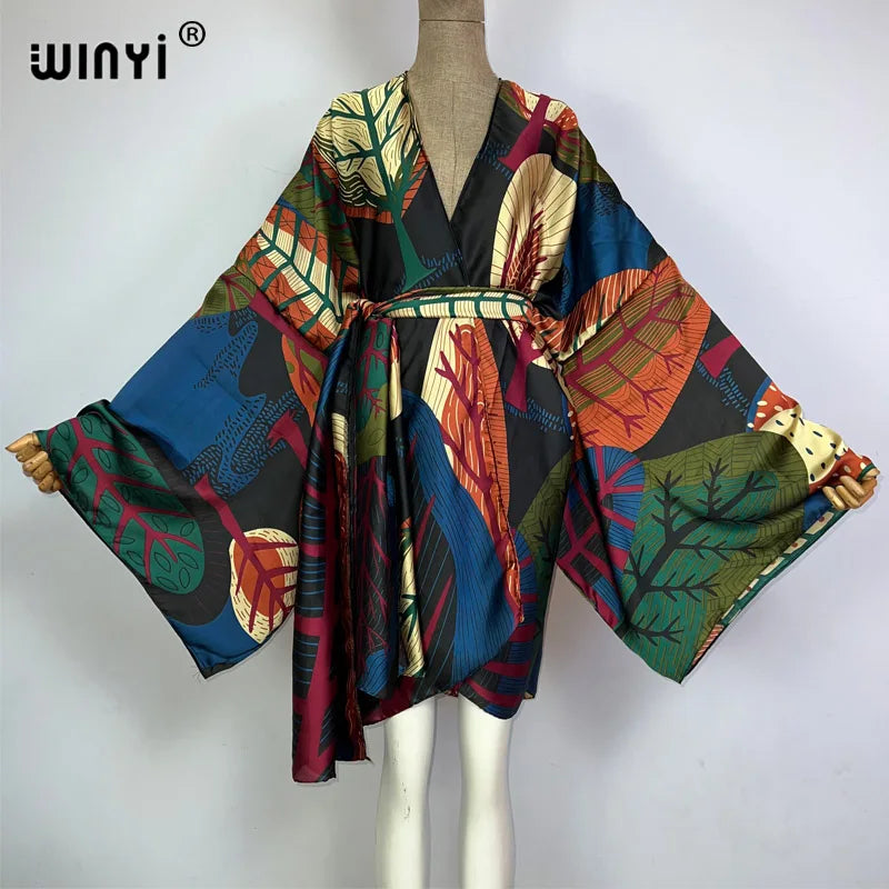 WINYI Bohemian Print Bikini Cover-Up – Elegant Self-Belted Boho Kimono Dress for Women