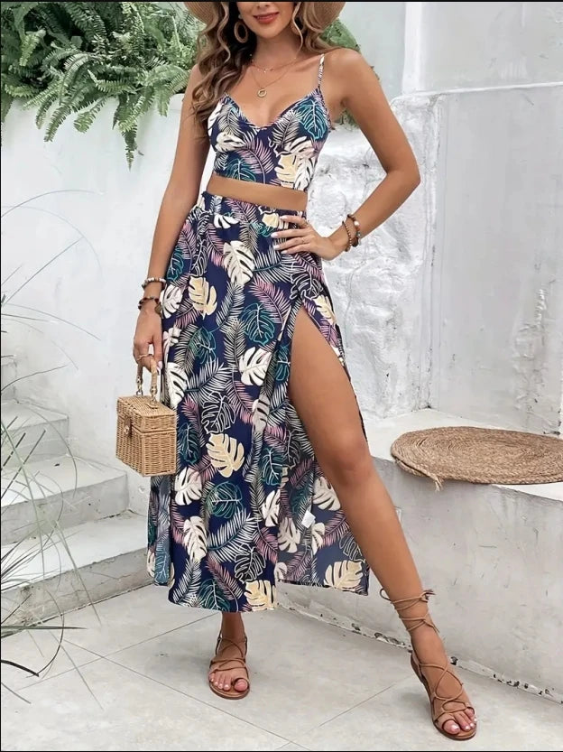 Women’s Sleeveless Low-Cut V-Neck Printed Dress with High Slit – Sexy Elegant Summer Set