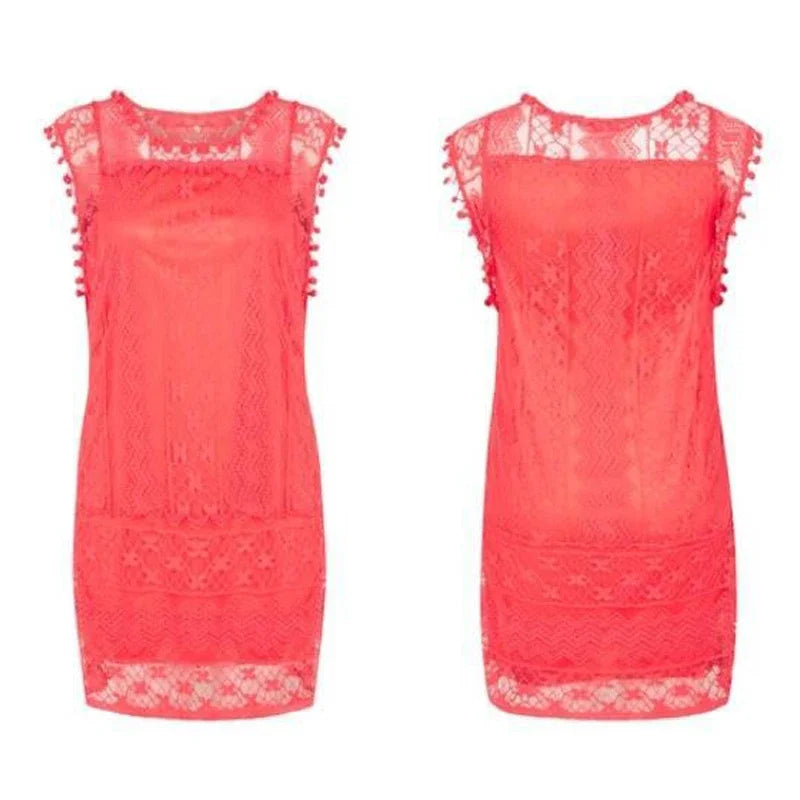 Robe d'été blanche sans manches en dentelle à pompons pour femme – Tenue de plage décontractée