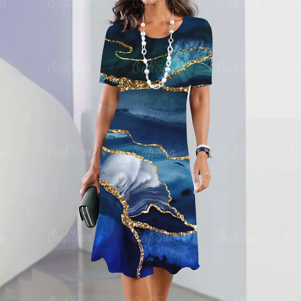 New Women’s Plus Size Midi Dress – Elegant Graphic Print Summer One-Piece