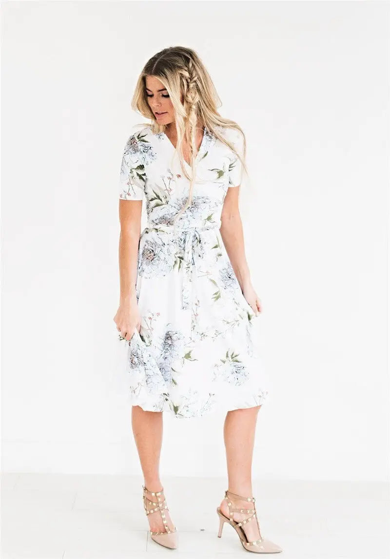 Bohemian V-Neck Floral Summer Dress – Casual Loose Empire Sundress