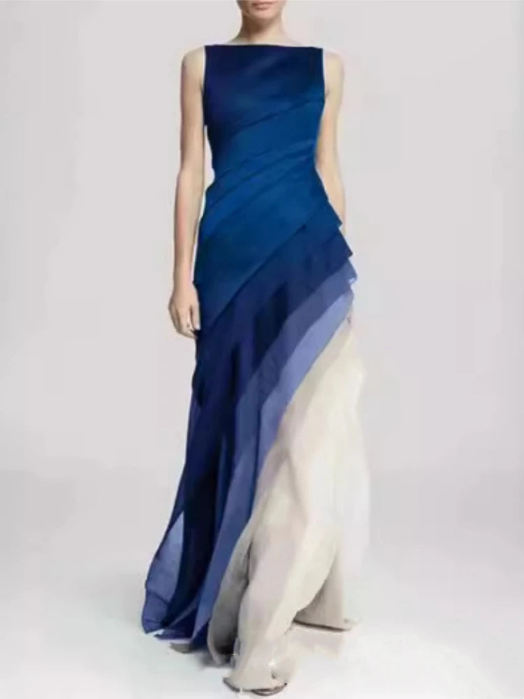Gradient Patchwork Women’s Party Dress – Boat Neck Sleeveless Pleated A-Line Gown