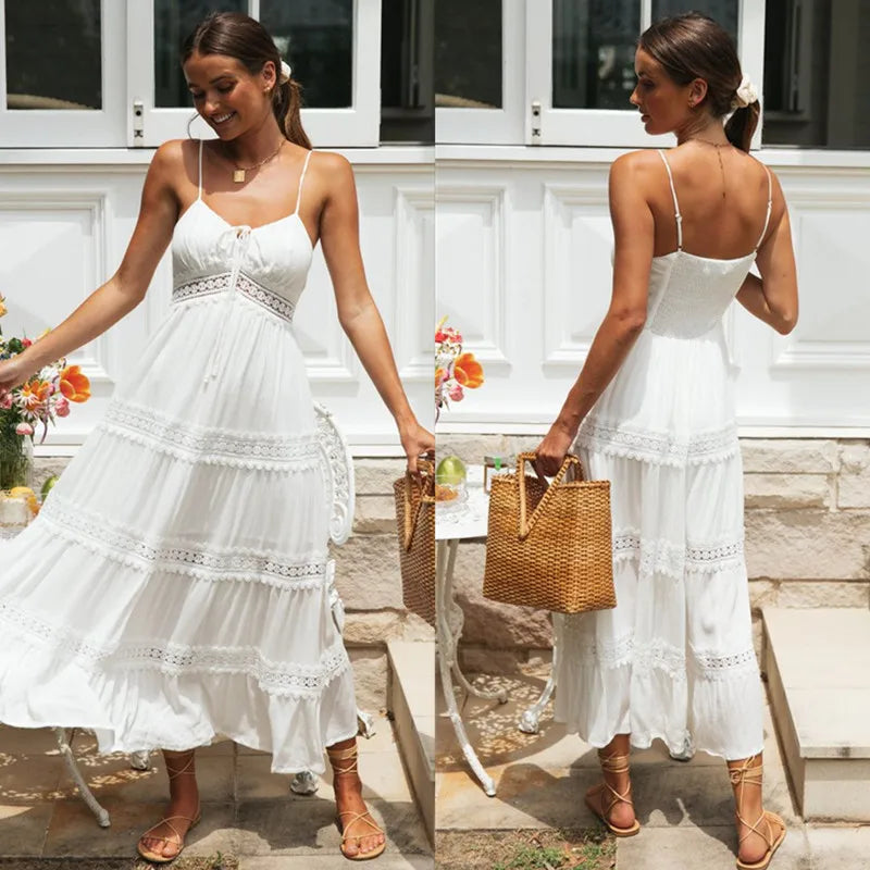 Boho Spaghetti Strap White Dress – Women’s Summer Beach Party