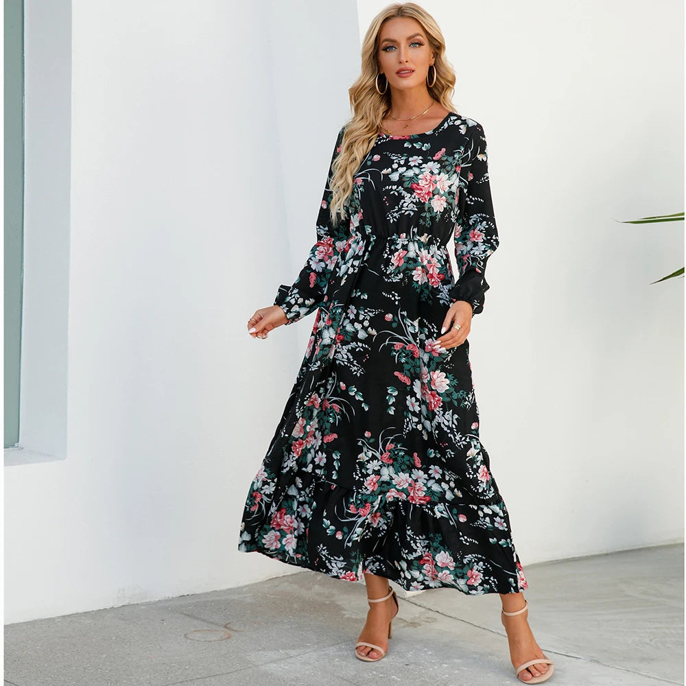 Bohemian Floral Maxi Dress for Women – Spring Summer Casual Long Sleeve Beach Dress
