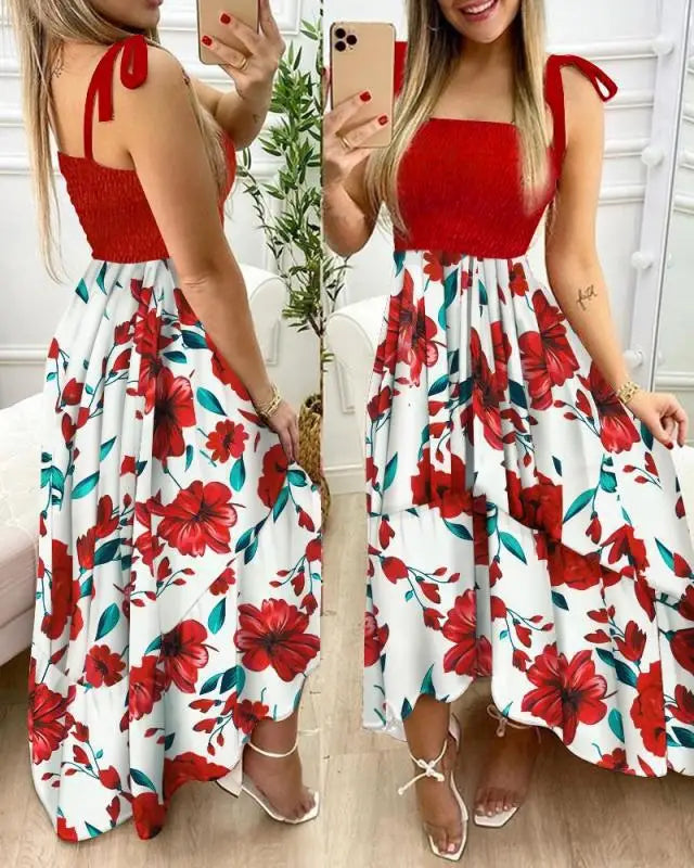 Robe longue d'été sexy à bretelles spaghetti et imprimé floral – Robe de plage élégante et décontractée pour les vacances