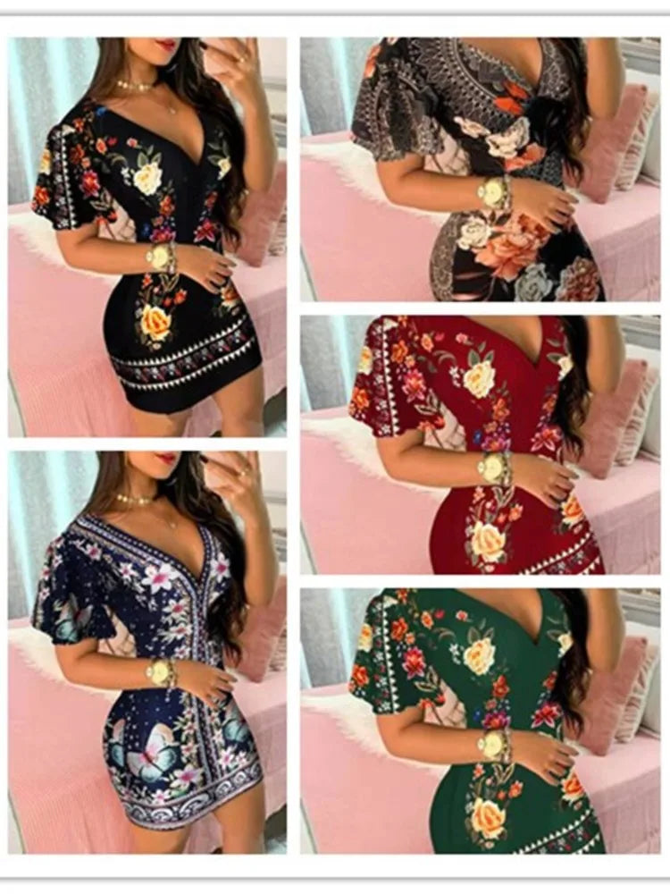Summer Floral Print Bodycon Mini Dress Women