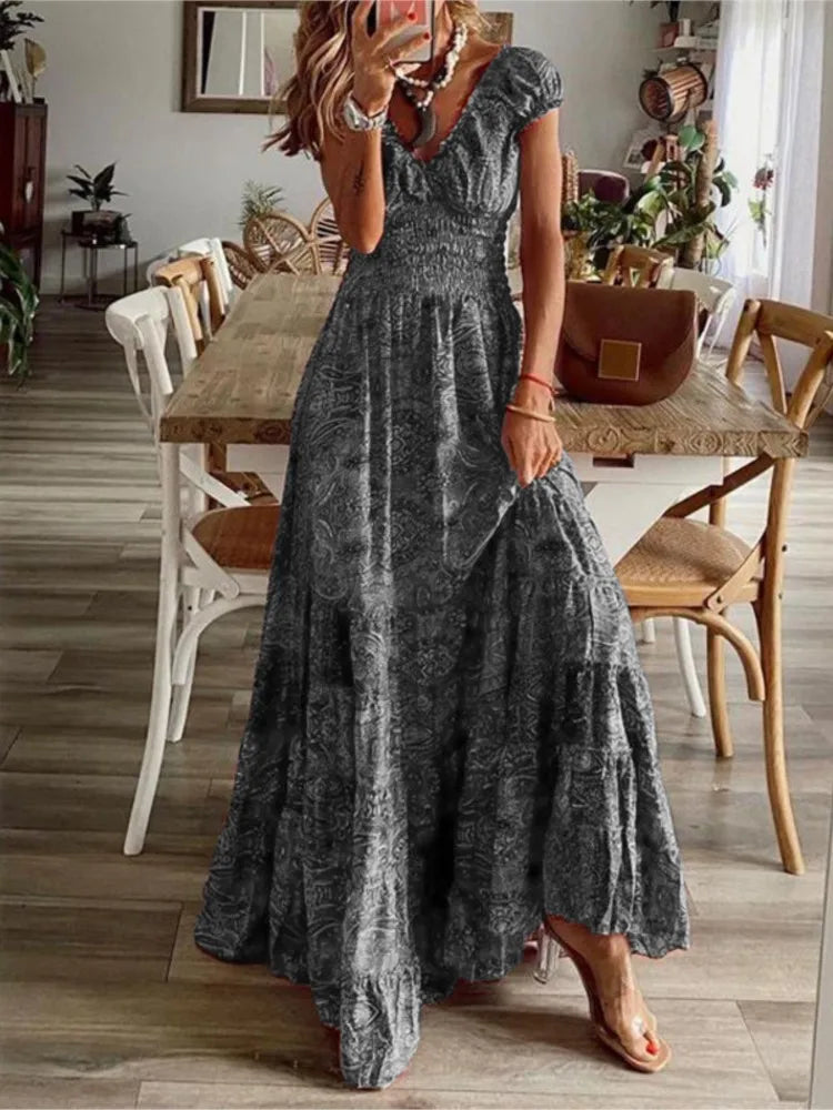 Summer Ethnic Printed A-Line Dress – Floral Petal Sleeves & Waist Detail
