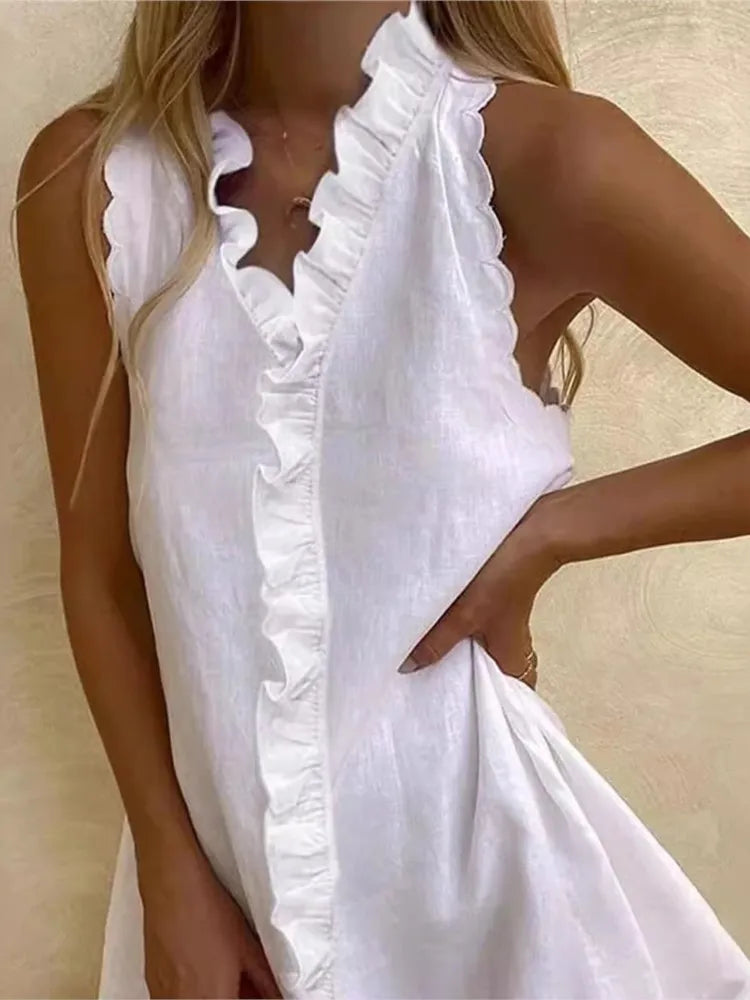 White Cotton Linen Mini Dress - Chic summer dress for women
