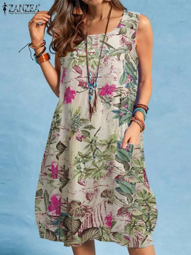 Robe de plage bohème fleurie ZANZEA – Robe d'été vintage sans manches
