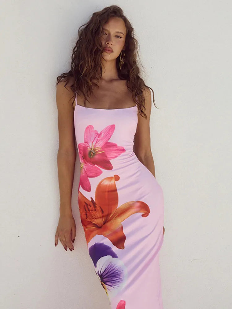 Floral Spaghetti Strap Bodycon Midi Dress – Elegant Sleeveless Backless Summer Gown