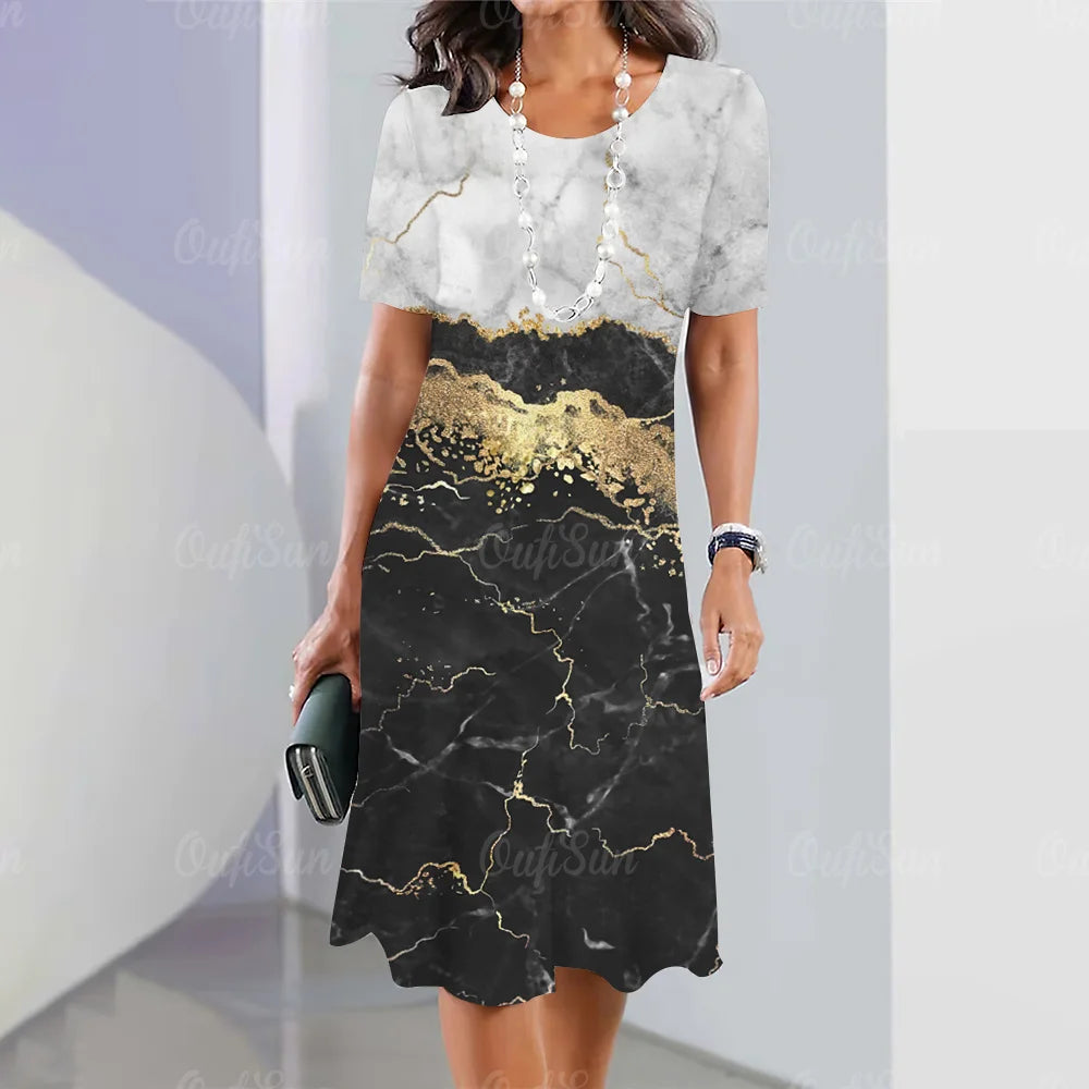 New Women’s Plus Size Midi Dress – Elegant Graphic Print Summer One-Piece
