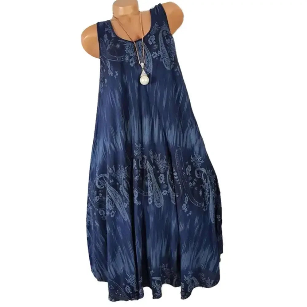 Women’s Summer Floral Pleated Dress – Round Neck Sleeveless Loose Plus Size Tank Dress
