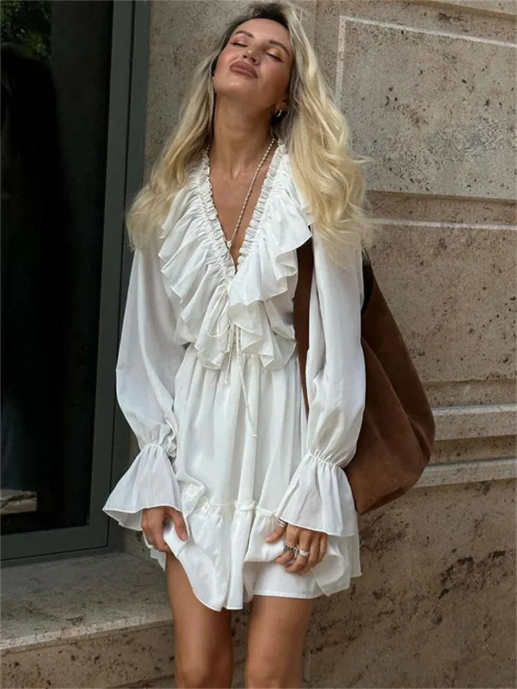 Talenza White Ruffle Bandage Mini Dress – Elegant V-Neck Lace-Up Long Sleeve Dress