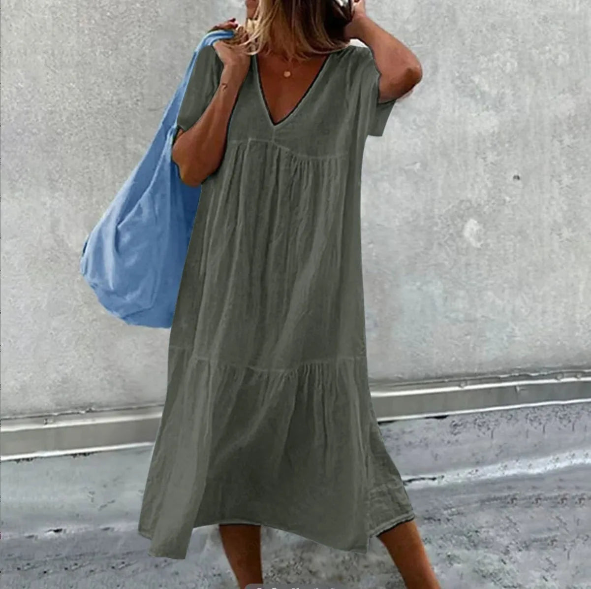 Solid Color Cotton Linen Midi Dress for Women – Casual V-Neck Short Sleeve Loose Fit